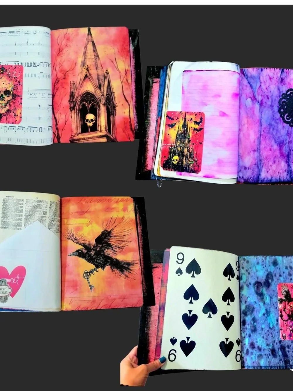 Raven's And Glitter Hot Pink Goth Whimsy Large Art Junk Journal Handmade